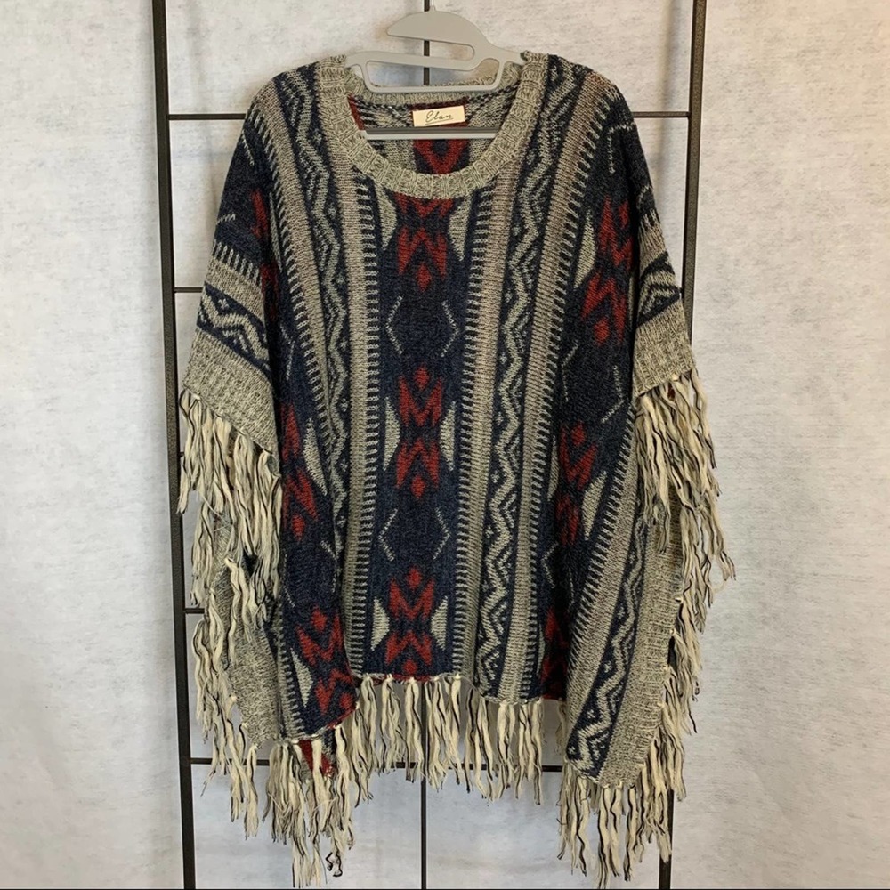 Elan Boho Style Fringed Poncho One Size